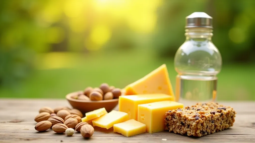 Veselīga tūrisma snacks un ūdens pudelīte uz meža fona