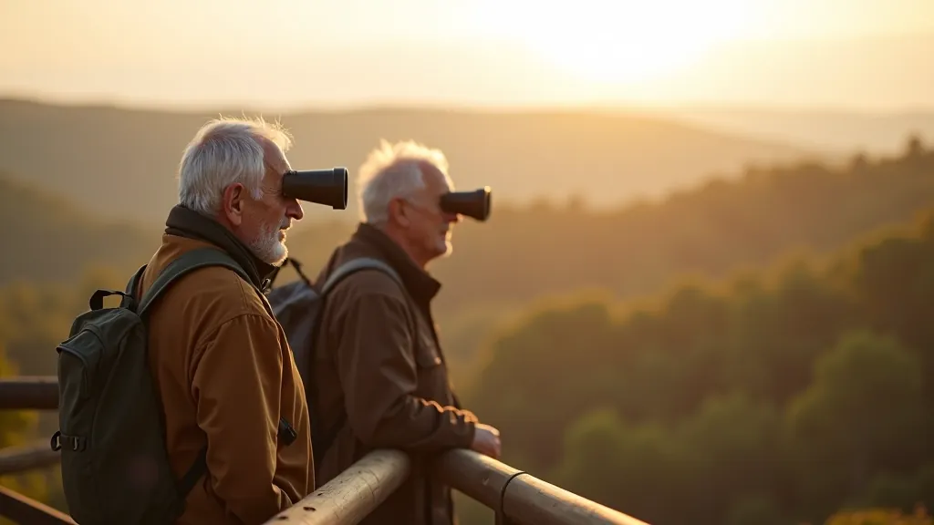 Seniori putnu vēro no skata torņa Lubānas mitrājos ar skaistiem dabas skatieniem