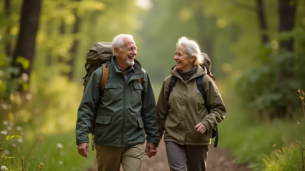 Seniori pastaigājas pa meža taku ar piemērotiem apģērbiem un āra aprīkojumu