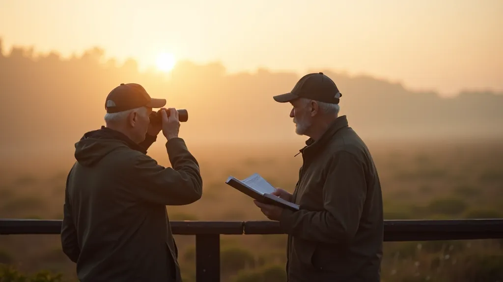 Seniori vēro putnus no koka vērotāja platformas agri no rīta ar putnu identifikācijas grāmatu